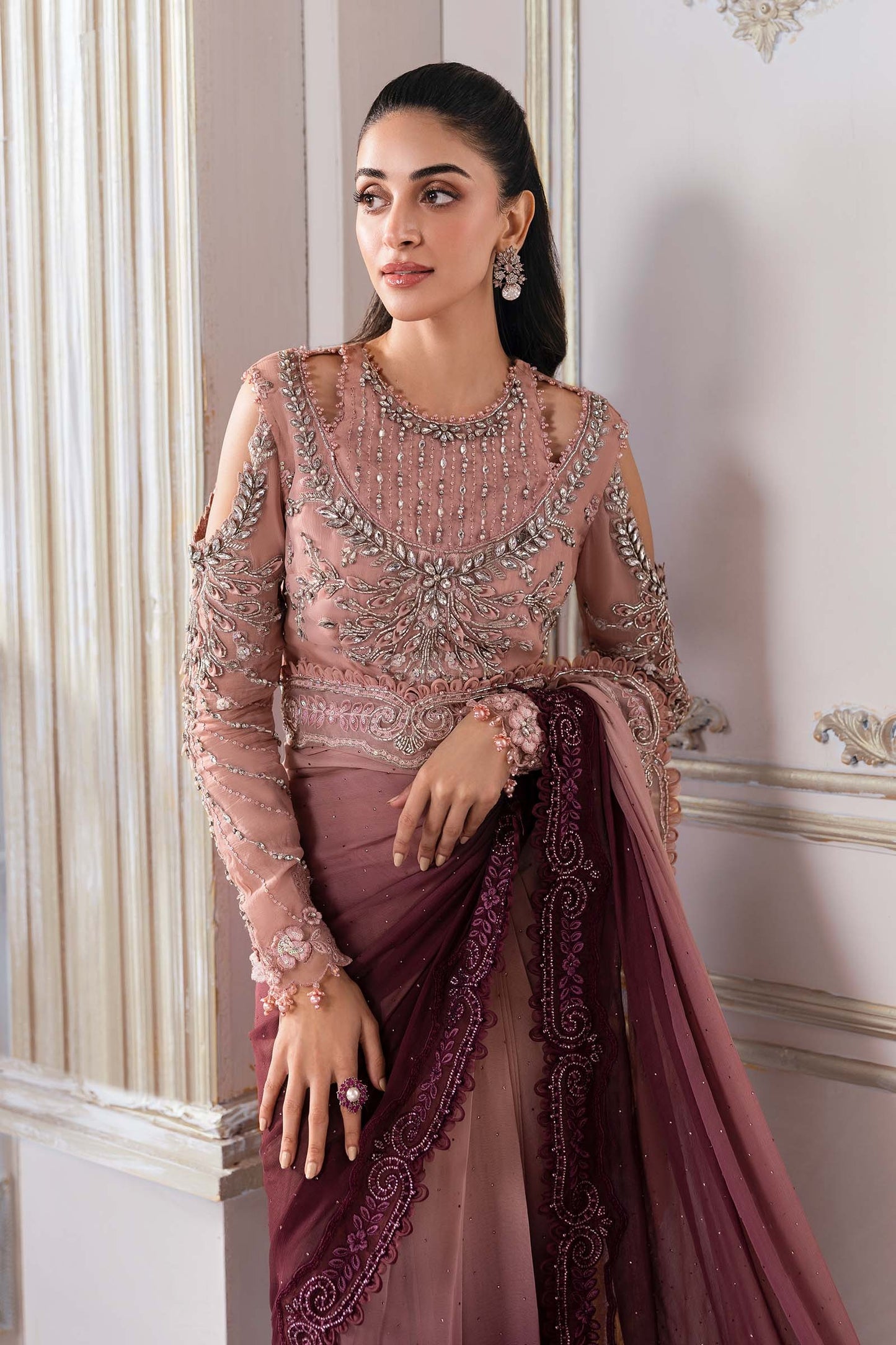 BD-3001 | MBroidered Unstitched Chiffon Saree By Maria.B