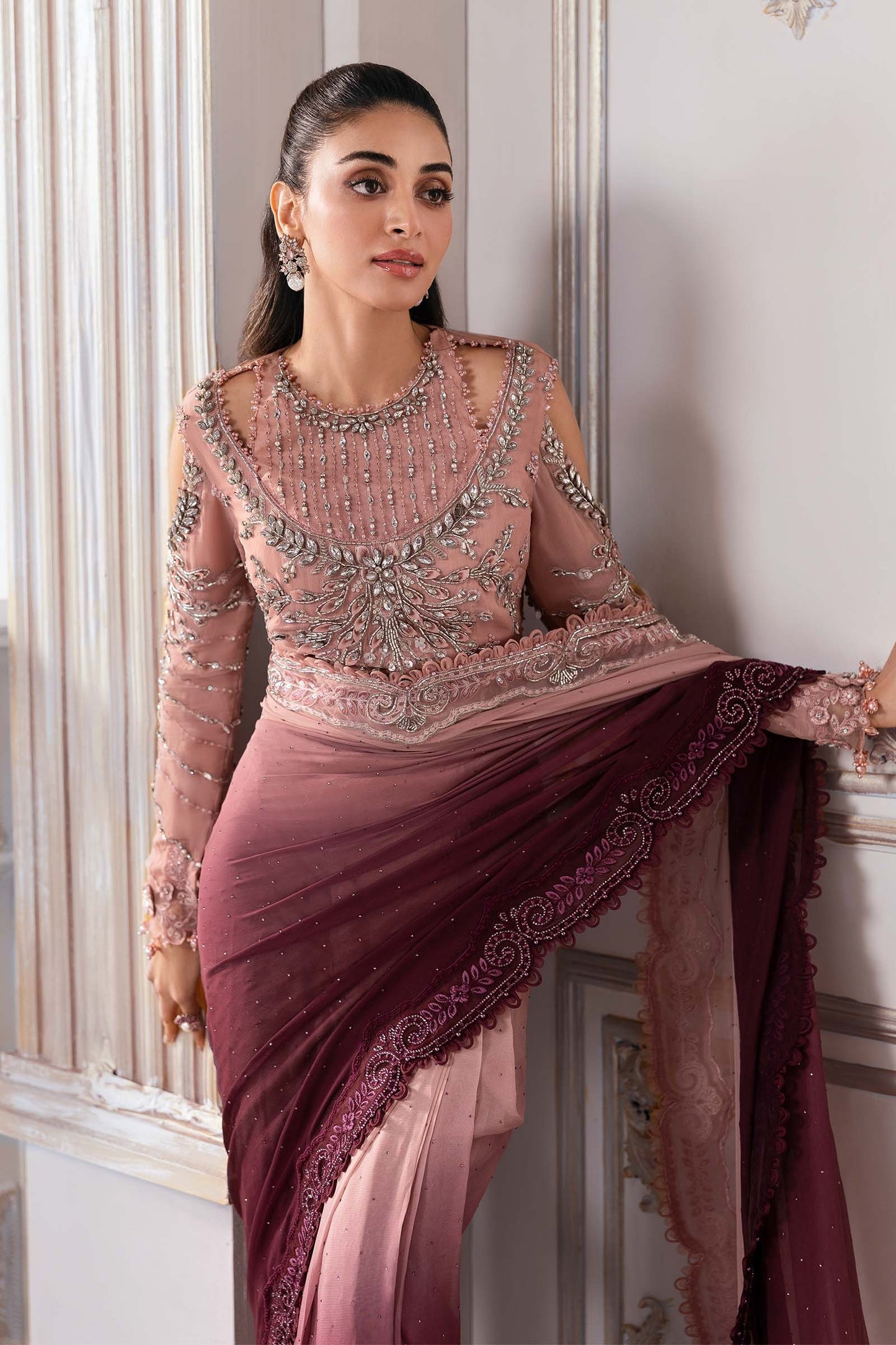 BD-3001 | MBroidered Unstitched Chiffon Saree By Maria.B