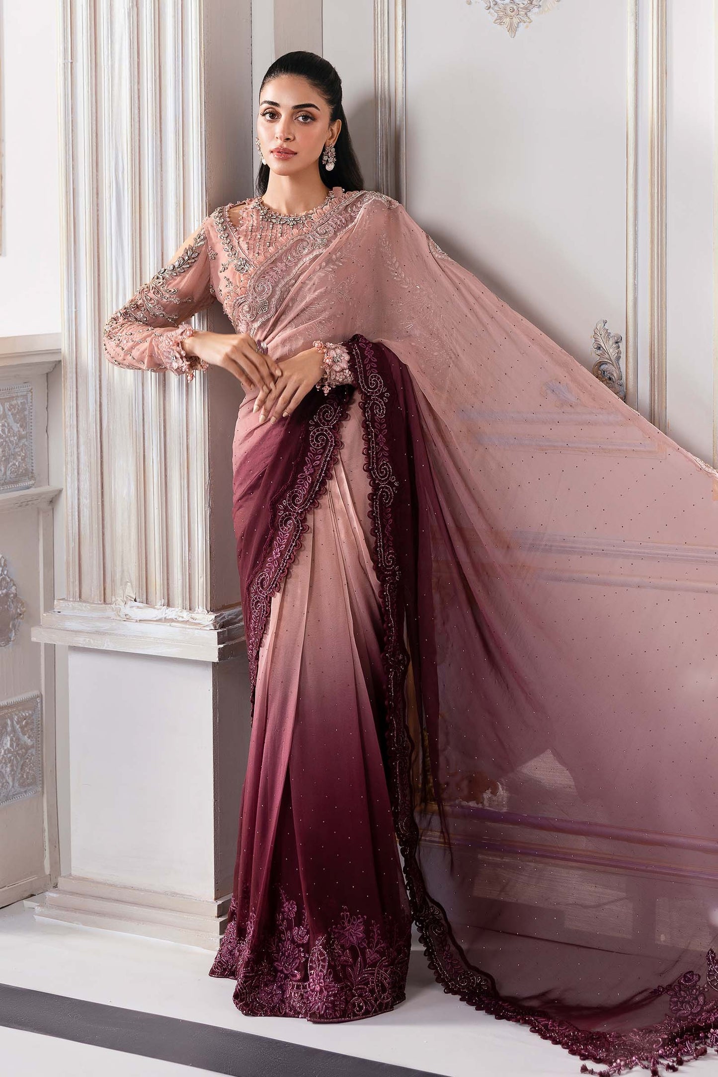 BD-3001 | MBroidered Unstitched Chiffon Saree By Maria.B