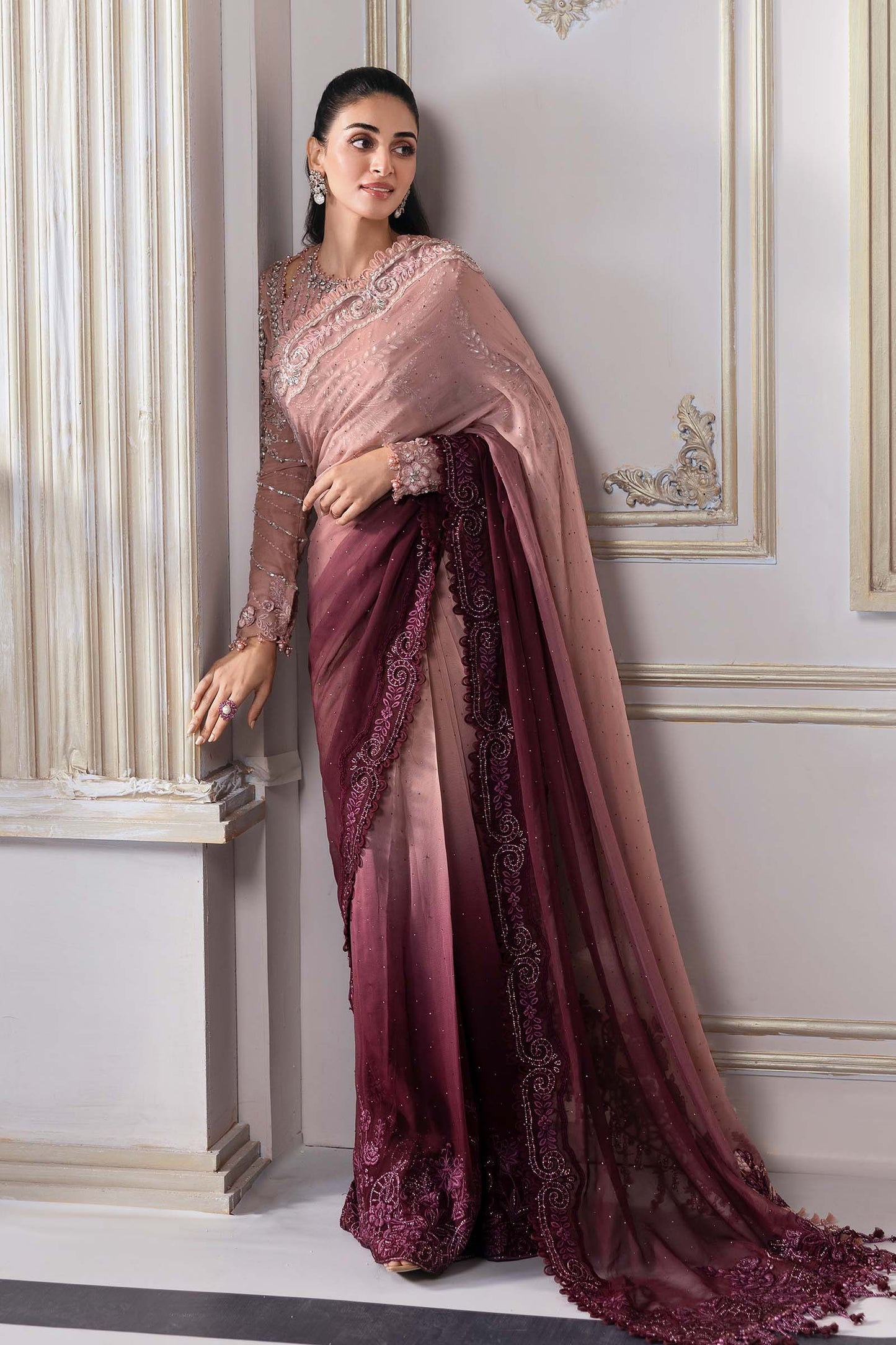 BD-3001 | MBroidered Unstitched Chiffon Saree By Maria.B