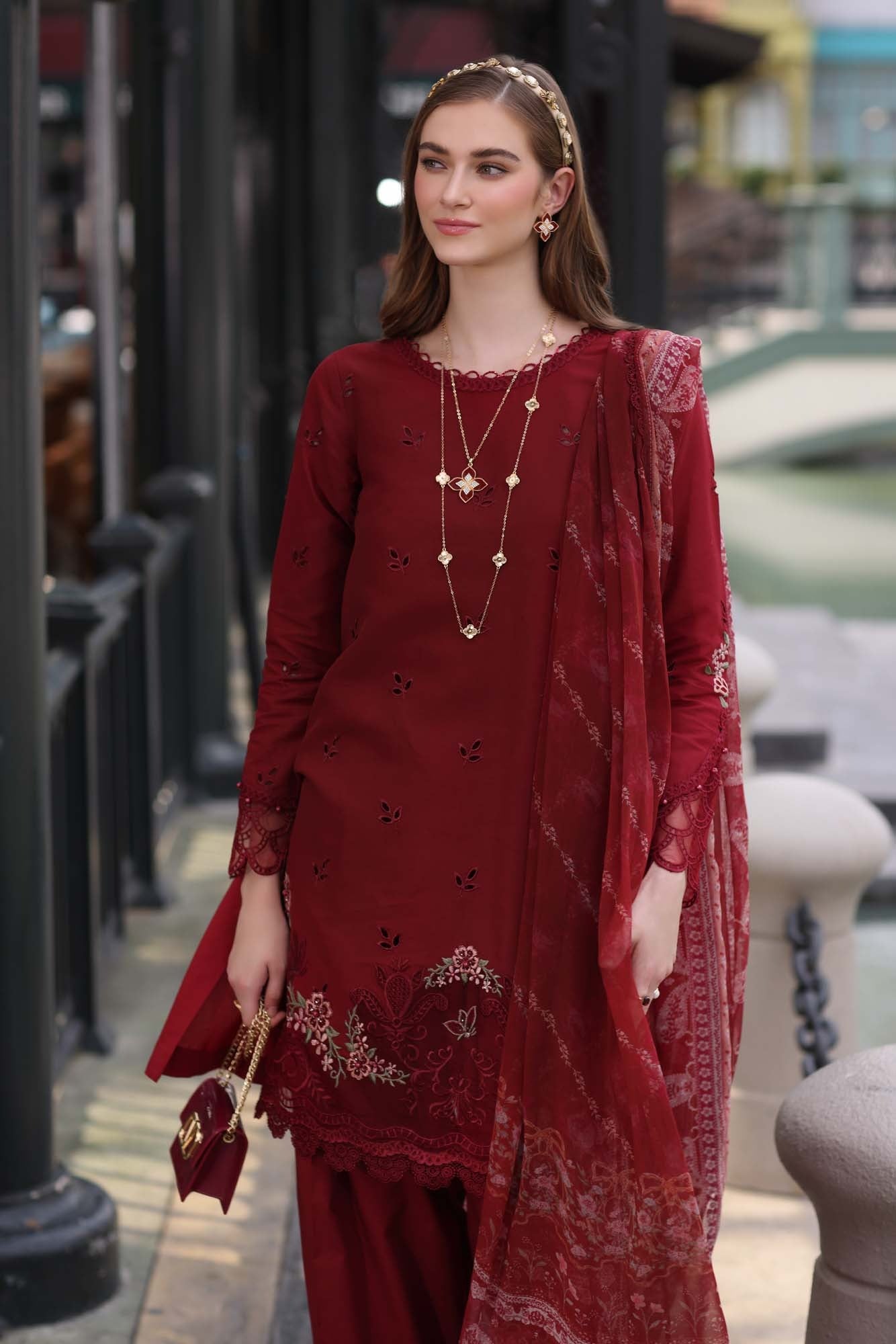 D1- Mulberry Red | Eid Luxe Chikenkari Lawn By Saadia Asad